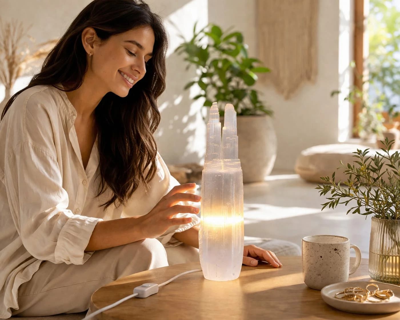 Heimtex Salzkristall-Tischlampe Selenit-Turm Lampenset Zwillings-Türme USB - Bild 4