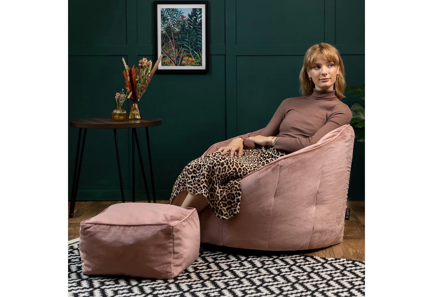 icon Sitzsack Sessel Sirena Rosa Samt mit Hocker XXL