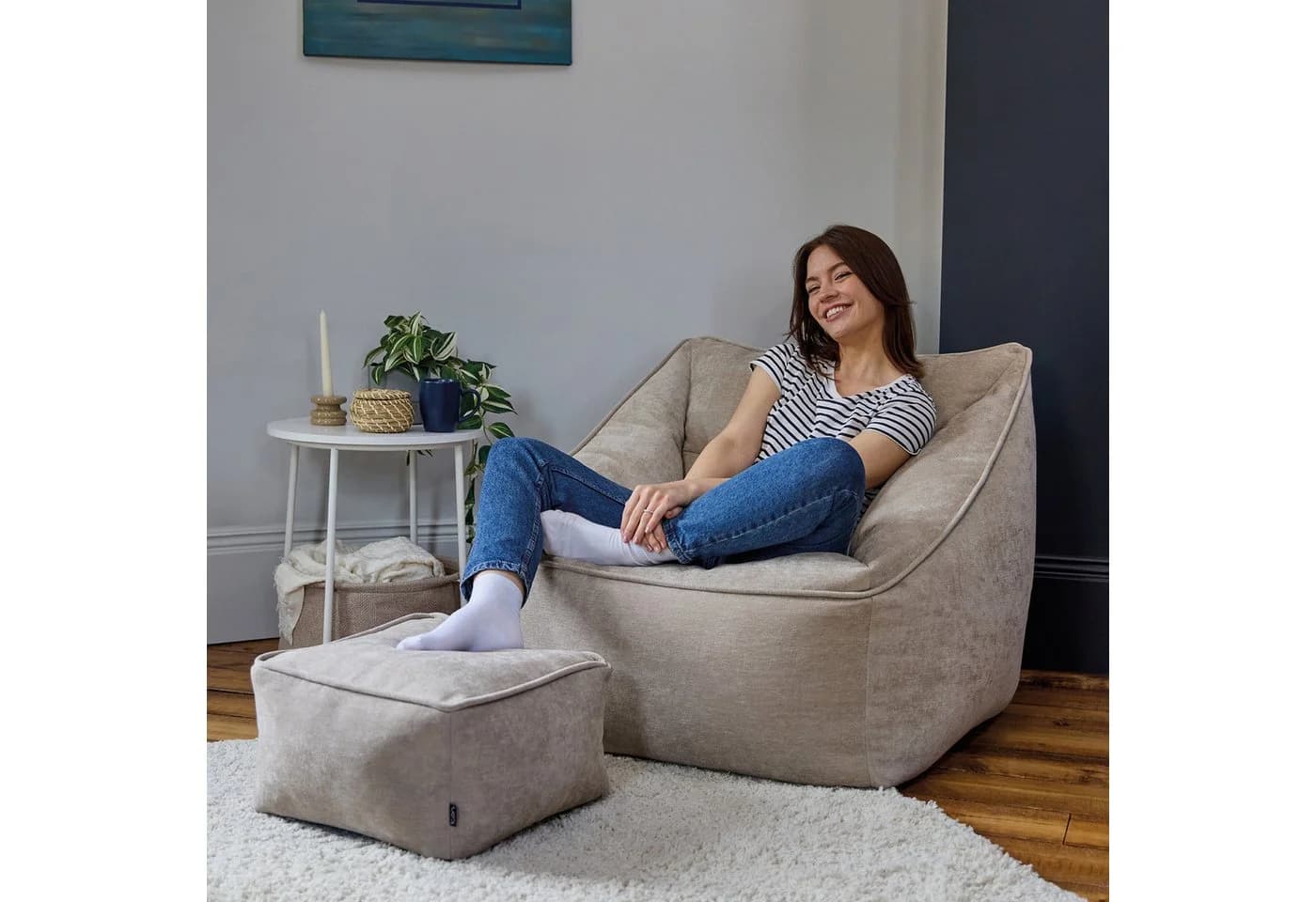 ICON Sitzsack Sessel „Natalia“ mit Hocker Chenille Beige