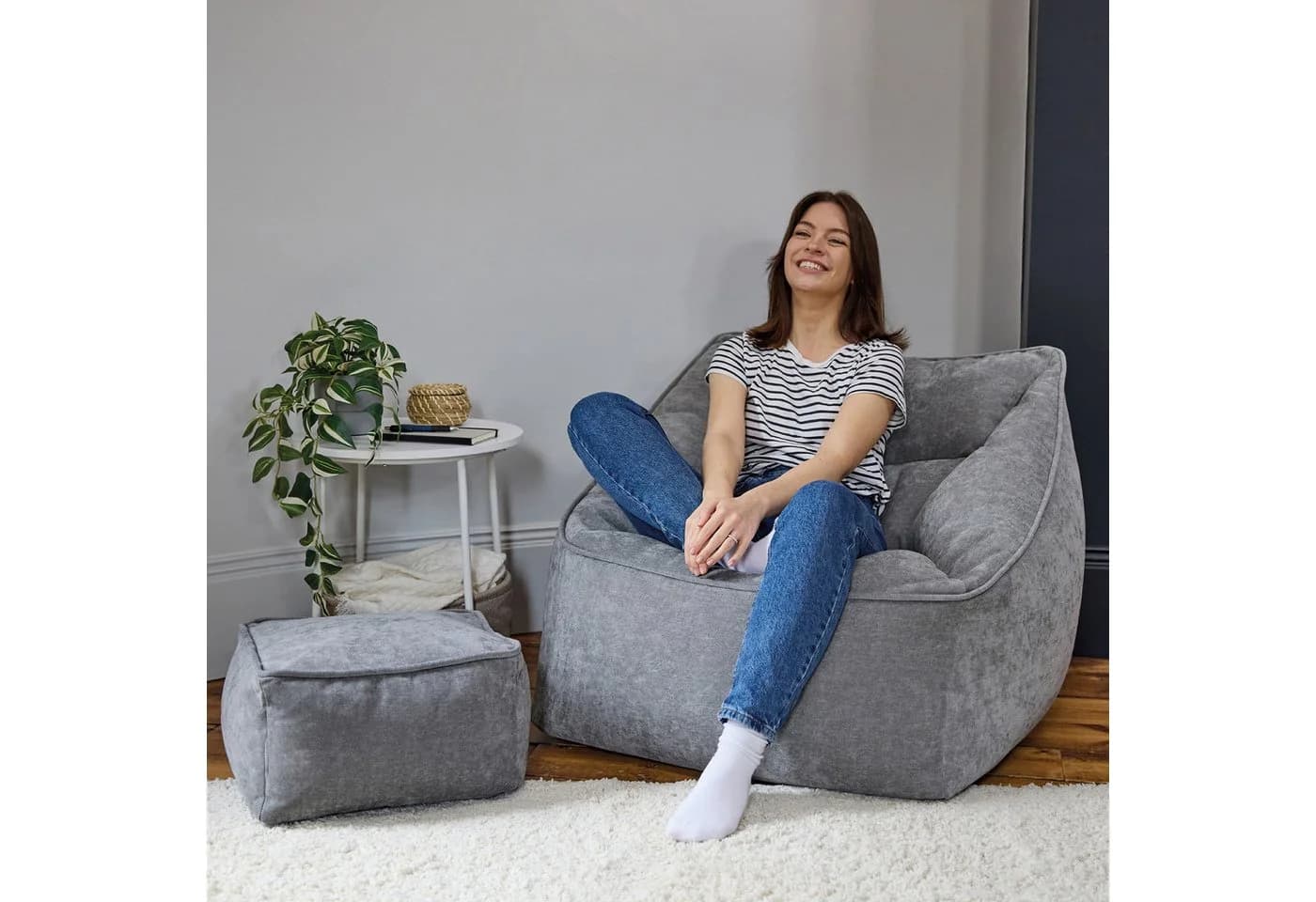 ICON Sitzsack-Set Natalia Chenille Grau mit Hocker