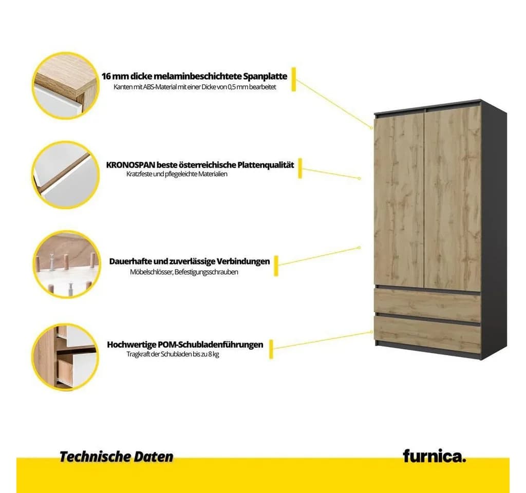 Furnica Kleiderschrank Joelle Anthrazit Grau 2 Türen 2 Schubladen - Bild 4