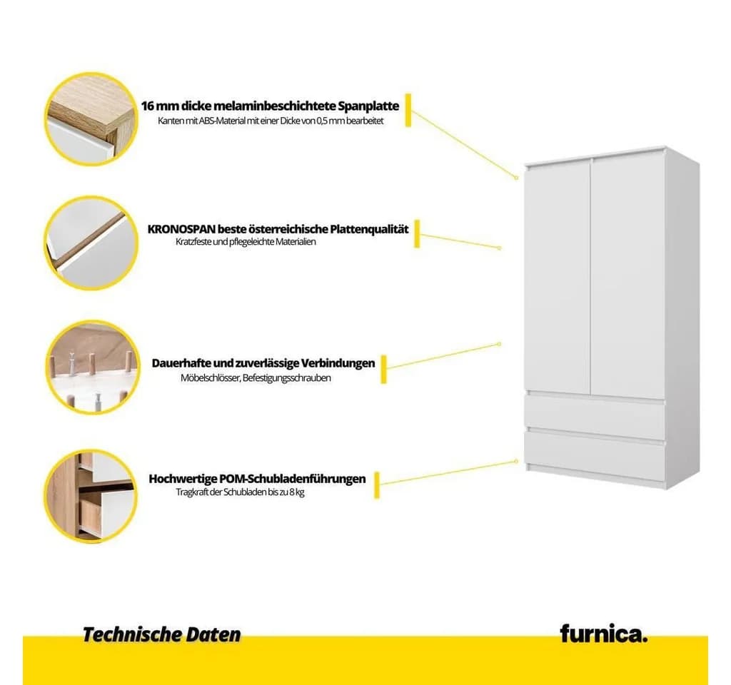 Furnica Kleiderschrank Joelle Weiß Matt 2 Türen 2 Schubladen - Bild 5