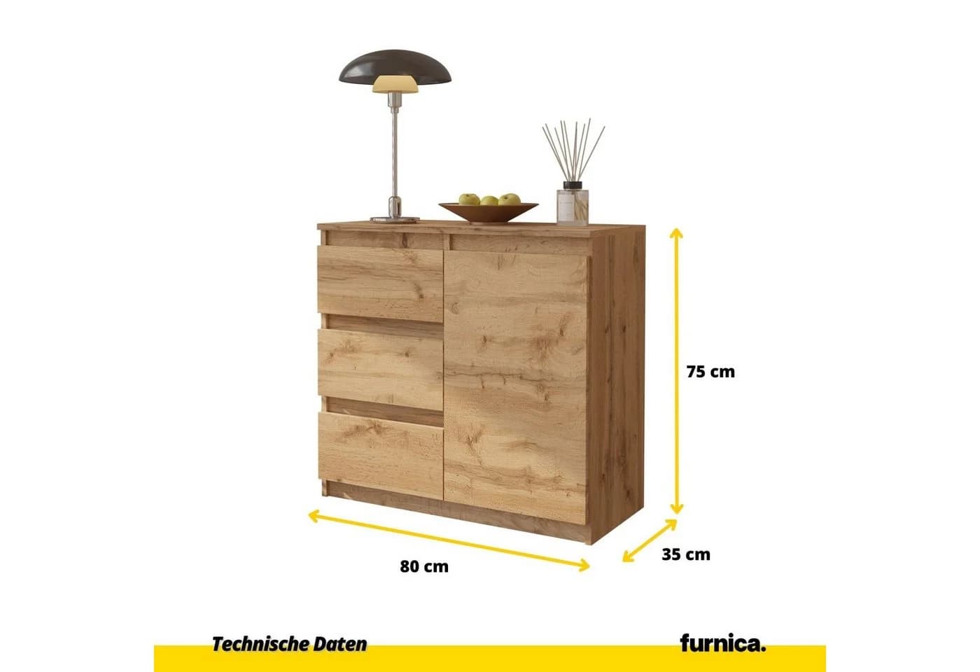 Furnica Kommode Mikel 3 Schubladen Votan Eiche