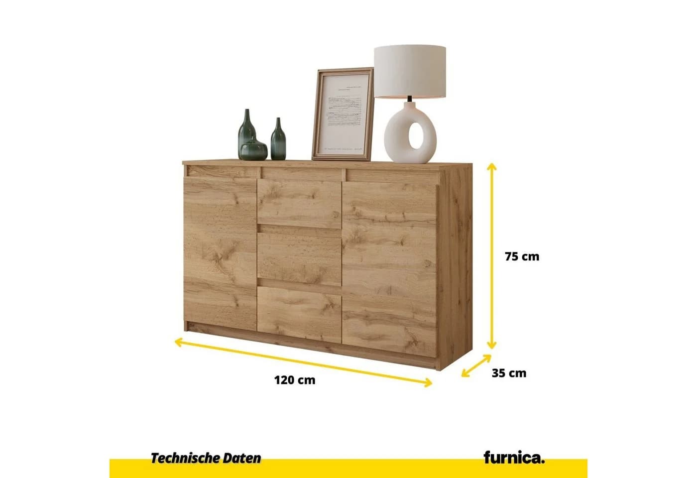 Furnica Kommode MIKEL 3 Schubladen 2 Türen Votan Eiche