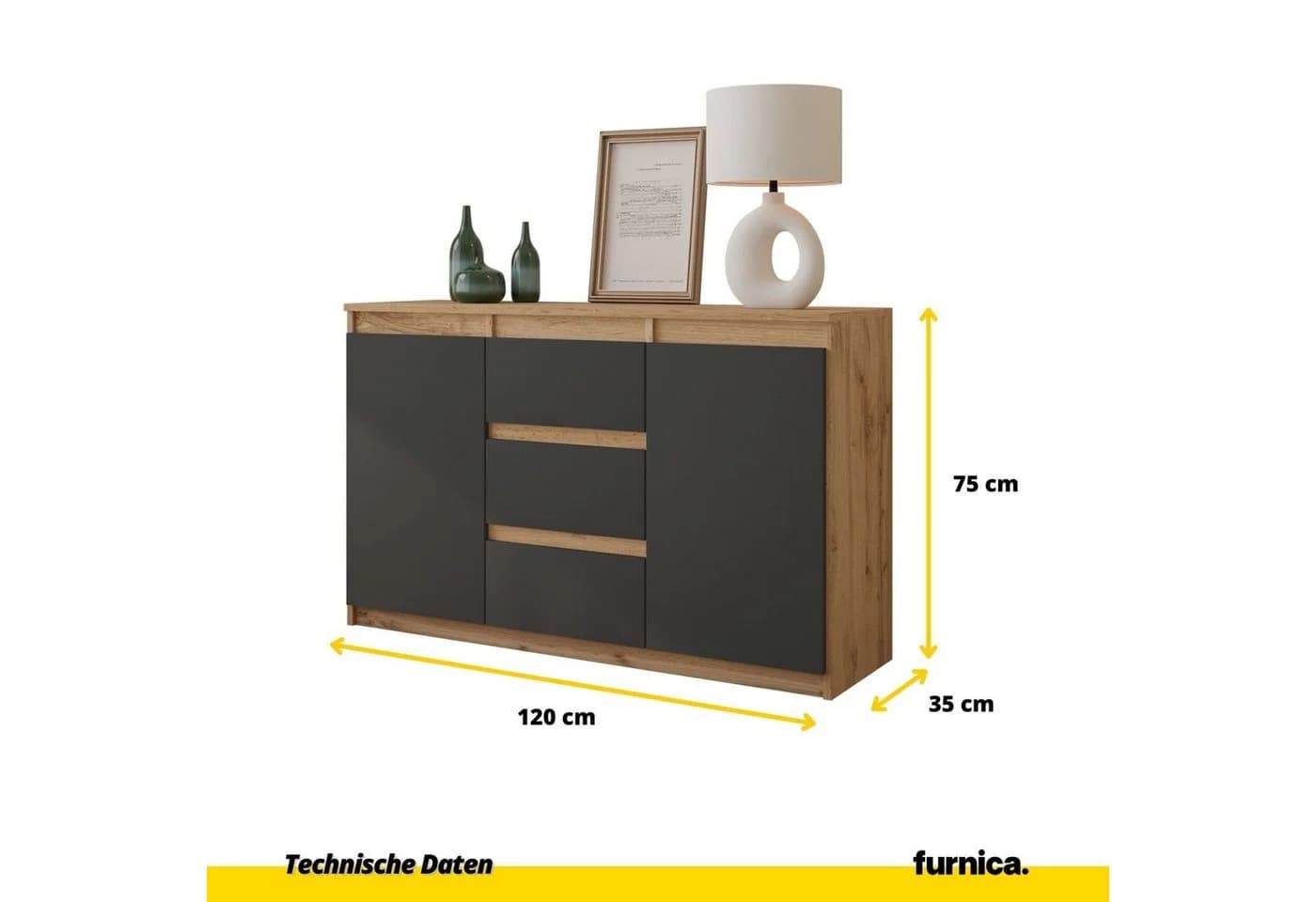 Furnica Kommode MIKEL, 3 Schubladen und 2 Türen - Votan Eiche