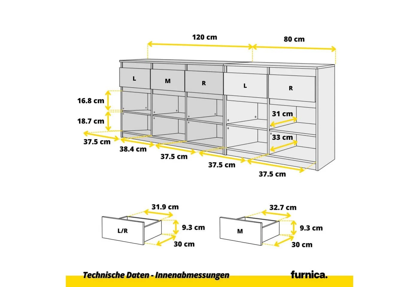 Furnica Kommode NOAH 5 Schubladen 5 Türen Eiche Votan Weiß Matt - Bild 5