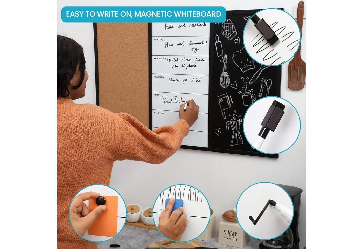Kurtzy 3-in-1 Kombi-Tafel mit Kork, Whiteboard & Kreide - Bild 4