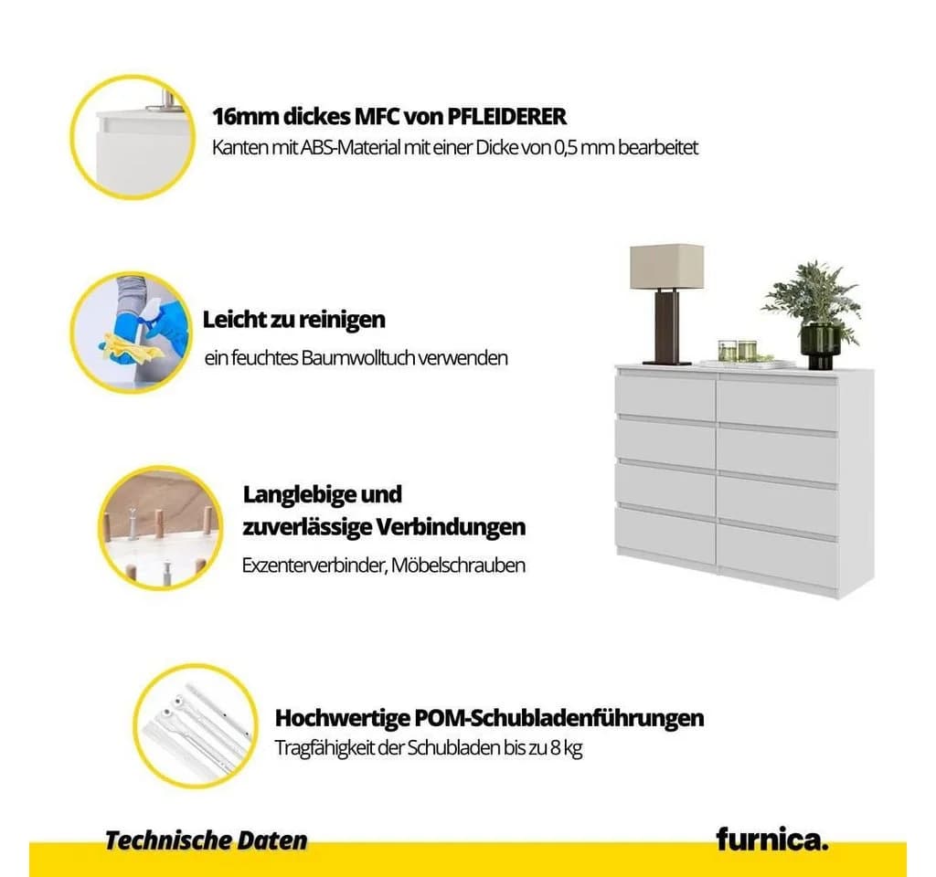 Furnica Kommode GABRIEL 8 Schubladen Votan Eiche/Weiß Matt Modern - Bild 4