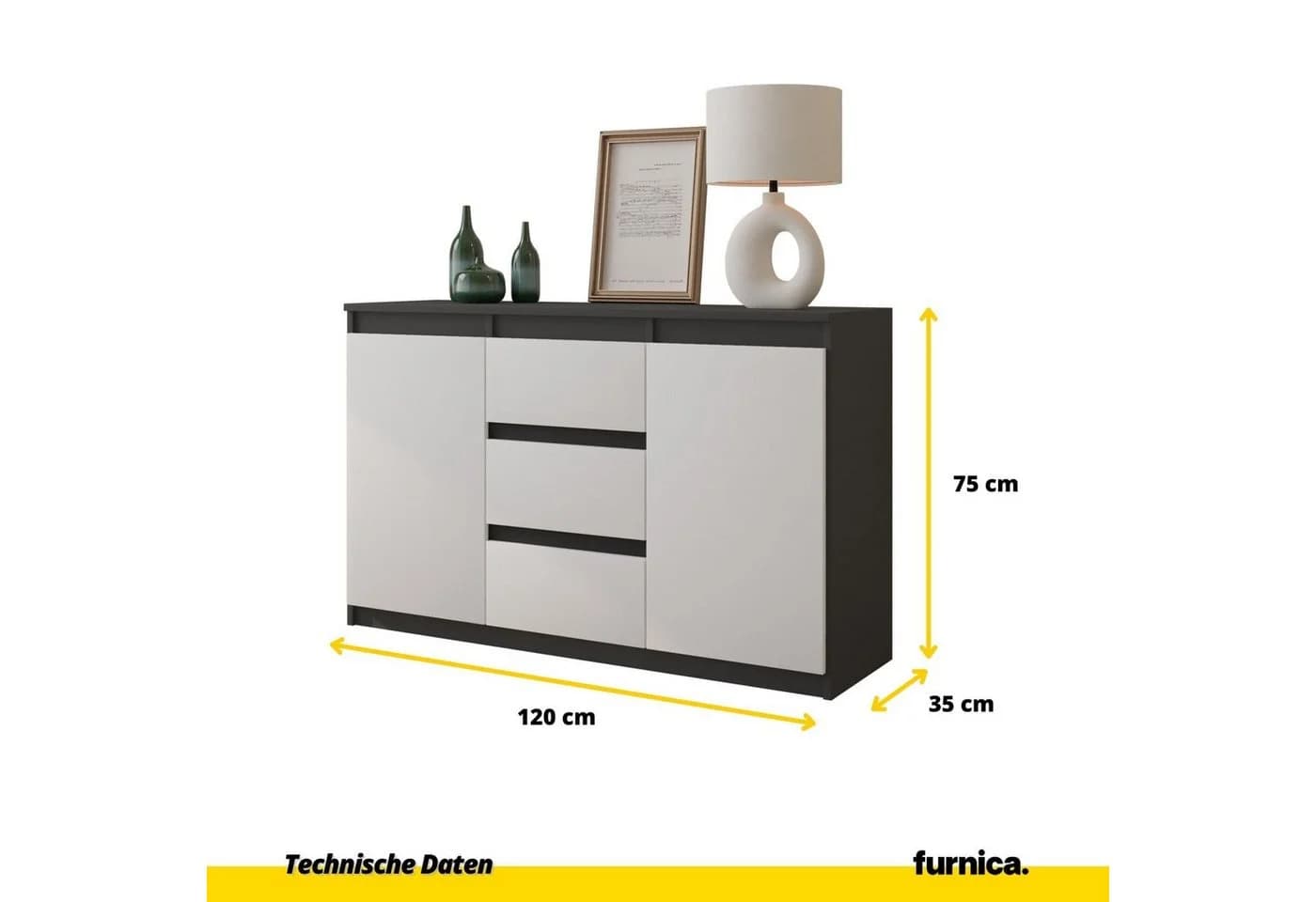 Furnica Kommode Sideboard 3 Schubladen 2 Türen Anthrazit Grau