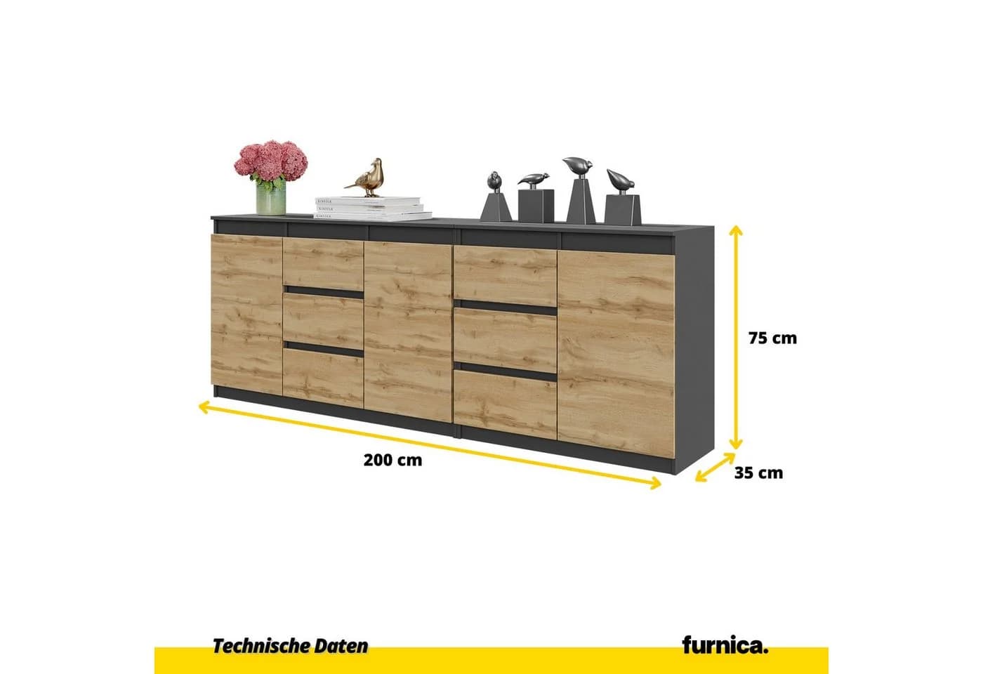 Furnica Sideboard MIKEL Anthrazit/Wotan Eiche 6 Schubladen 3 Türen - Bild 4