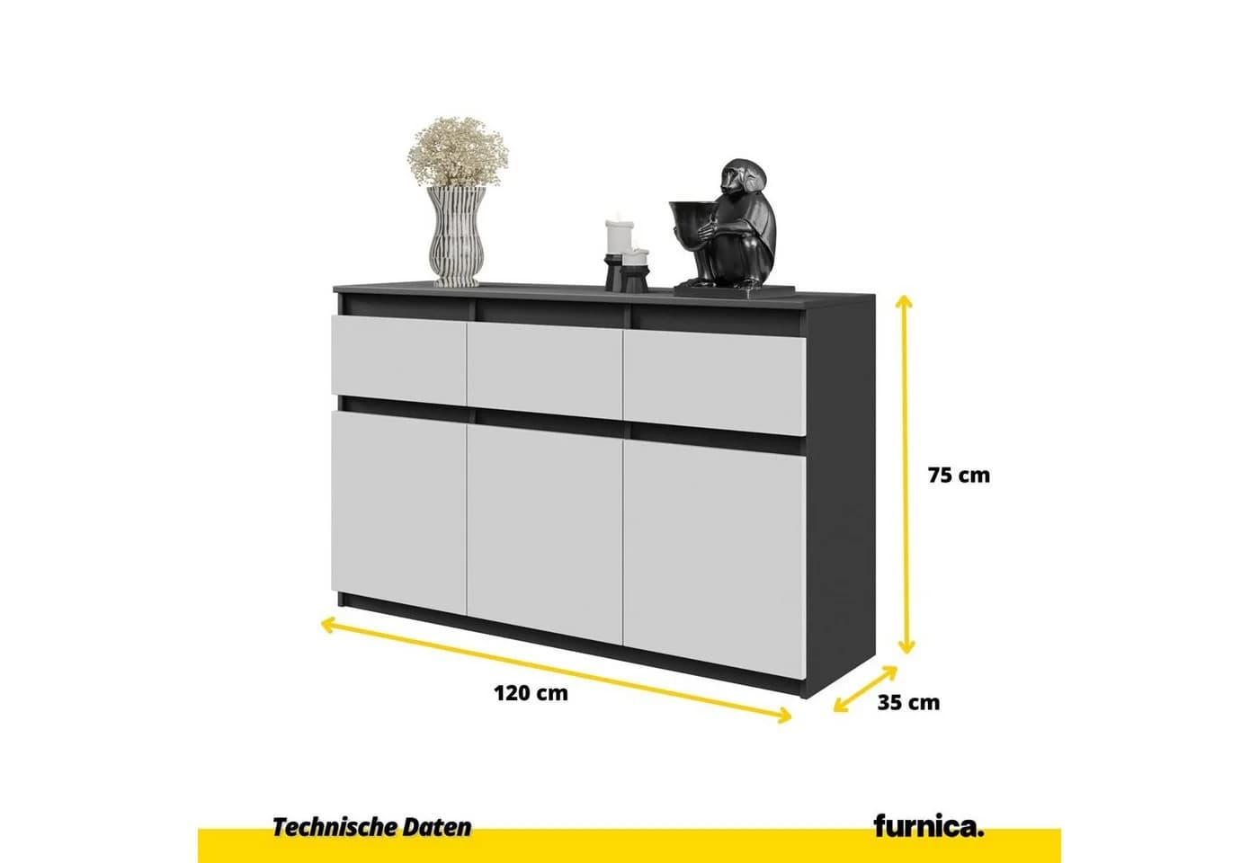 Furnica Sideboard NOAH 3 Schubladen 3 Türen Anthrazit/Weiß Matt - Bild 4