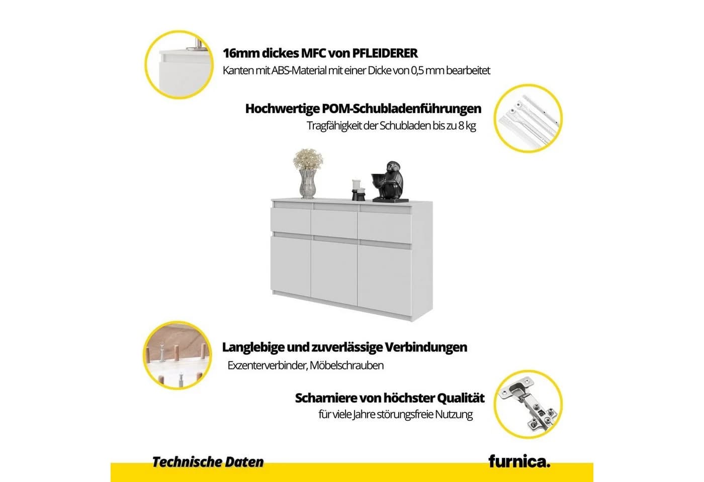 Furnica Sideboard NOAH 3 Schubladen 3 Türen Anthrazit/Weiß Matt - Bild 5