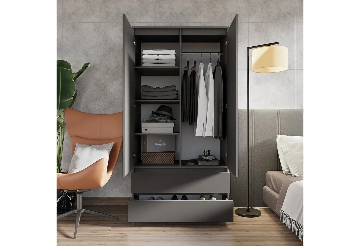 Furnica Kleiderschrank 2 Türen 2 Schubladen Weiß Modern
