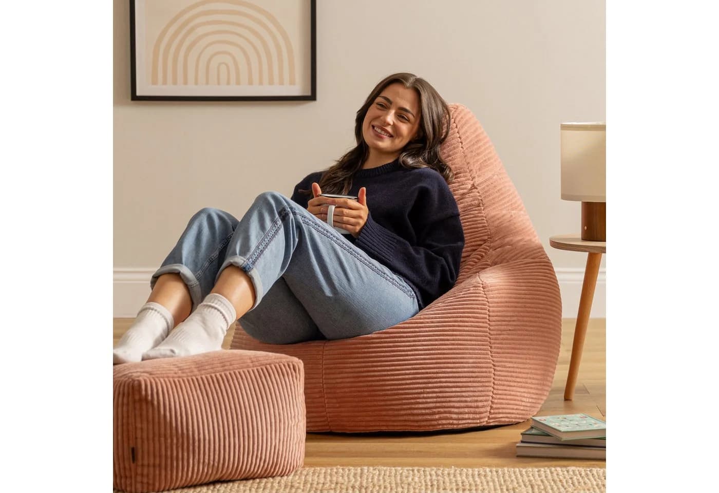 Icon Dalton Sitzsack Sessel mit Rückenlehne Cord Rosa inkl. Hocker XXL