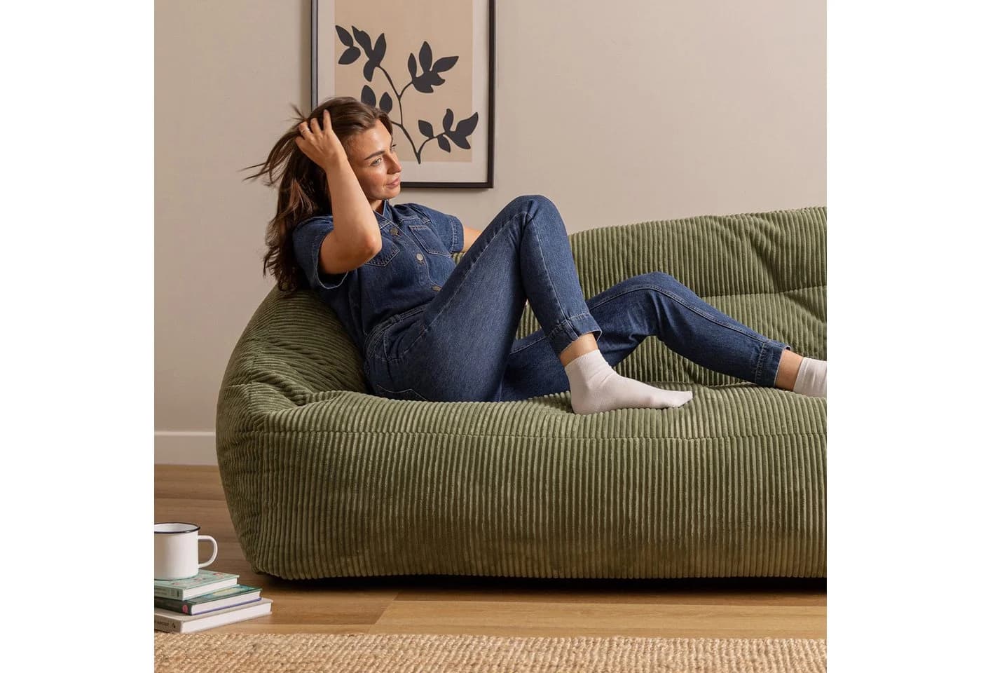 Icon Cecilia Sitzsack Cord Sofa 2-Sitzer Salbeigrün mit Füllung