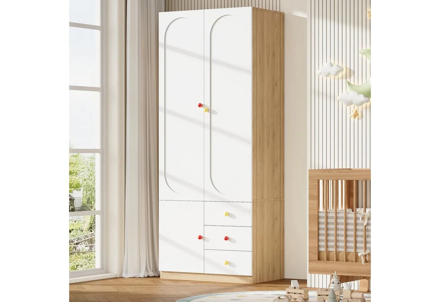 Merax Kinderkleiderschrank 3-türig mit Schubladen und Kleiderstange Weiß - Bild 2