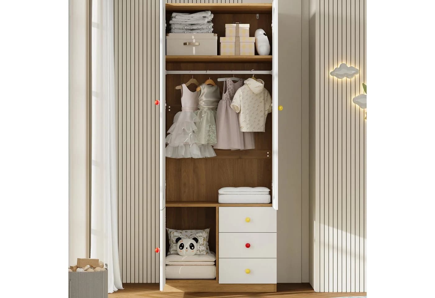 Merax Kinderkleiderschrank 3-türig mit Schubladen und Kleiderstange Weiß - Bild 3