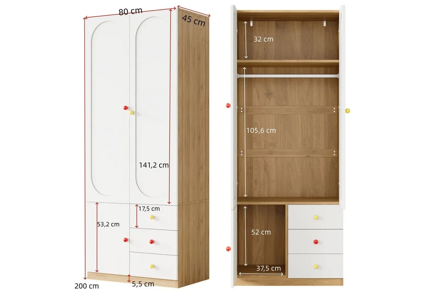 Merax Kinderkleiderschrank 3-türig mit Schubladen und Kleiderstange Weiß - Bild 4