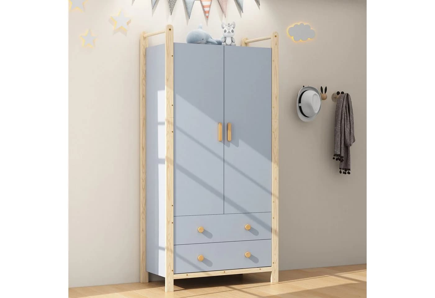 Merax Kinderkleiderschrank 2 Türen 2 Schubladen Weiß/Blau Landhausstil - Bild 2