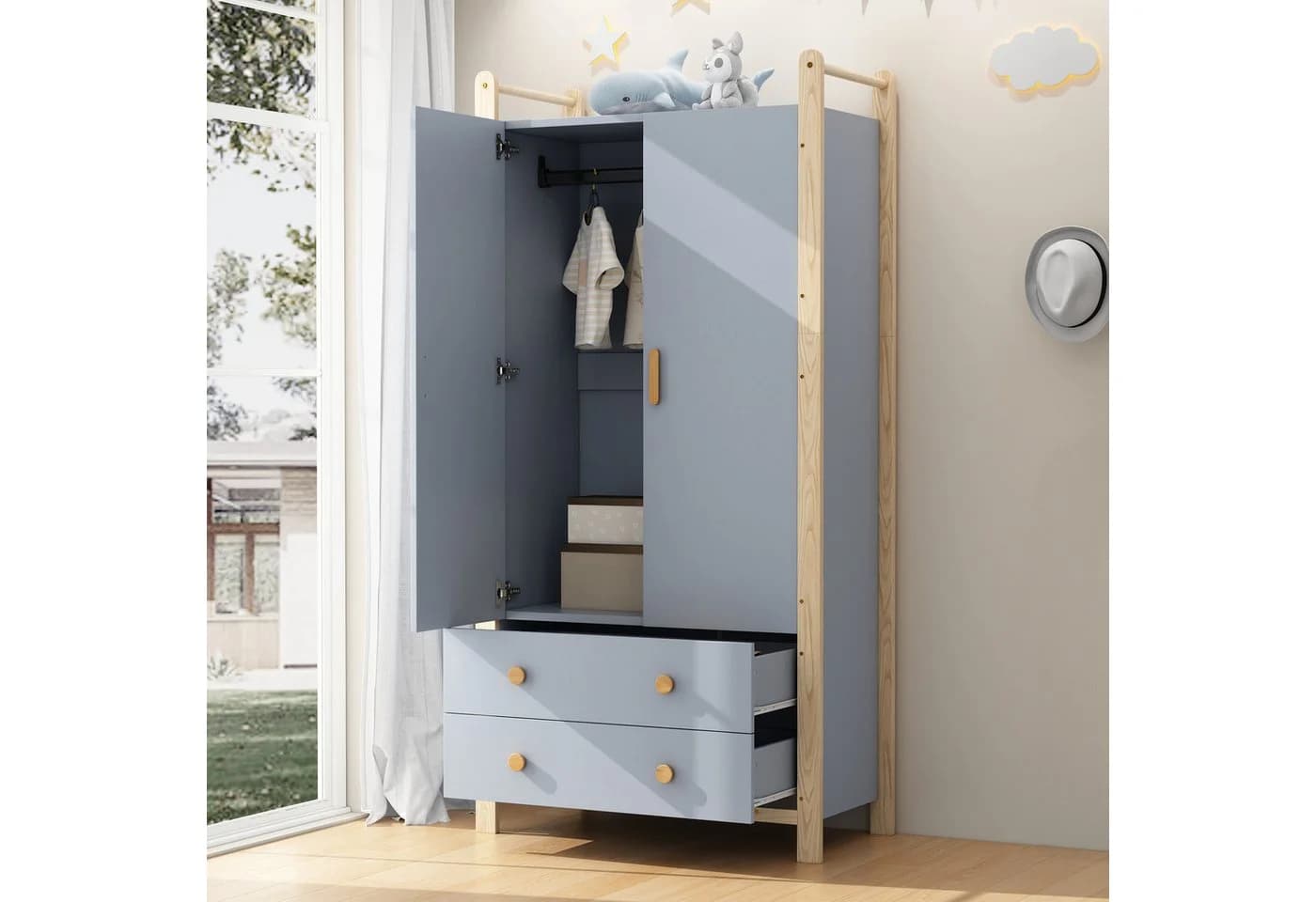 Merax Kinderkleiderschrank 2 Türen 2 Schubladen Weiß/Blau Landhausstil - Bild 3