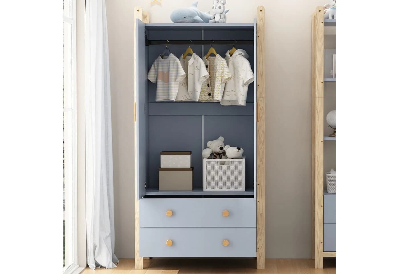 Merax Kinderkleiderschrank 2 Türen 2 Schubladen Weiß/Blau Landhausstil - Bild 4