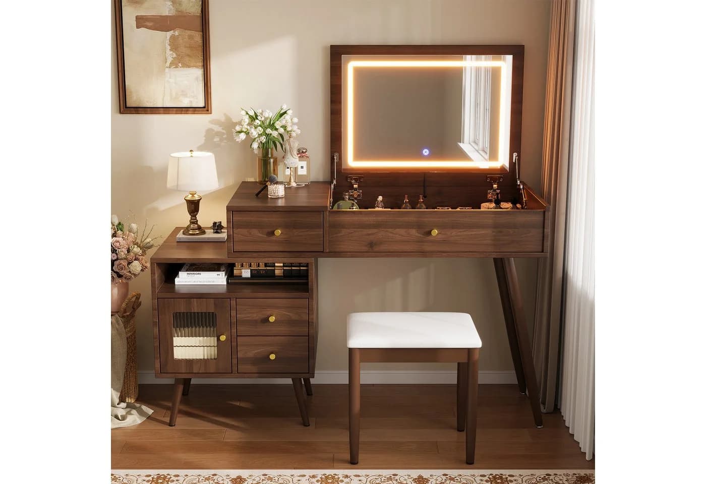Merax Schminktisch mit LED-Spiegel, 3 Schubladen, Hocker, Nussbaum/Weiß - Bild 2