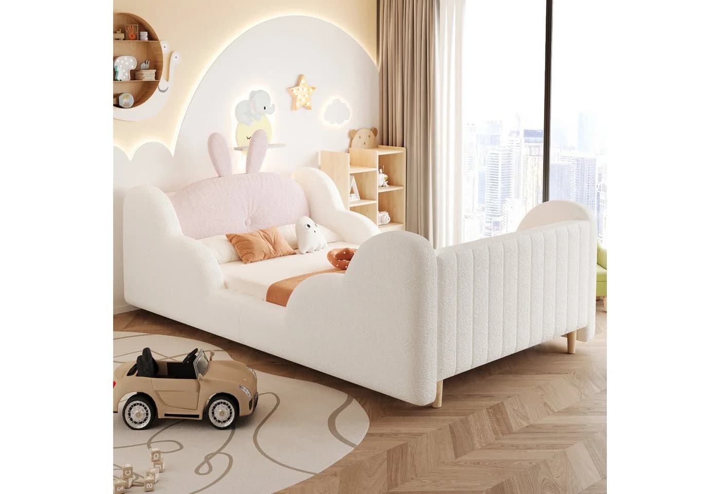 Flieks Kinderbett 90x200cm mit Hasen-Kopfteil und Wolken-Seitenteil