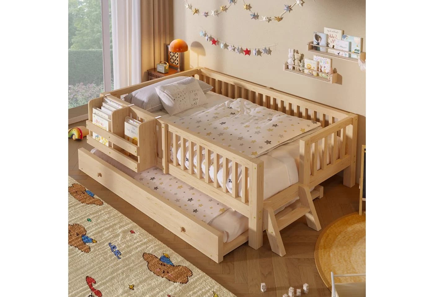 Flieks Kinderbett 90x200 mit Ausziehbett & Stauraum