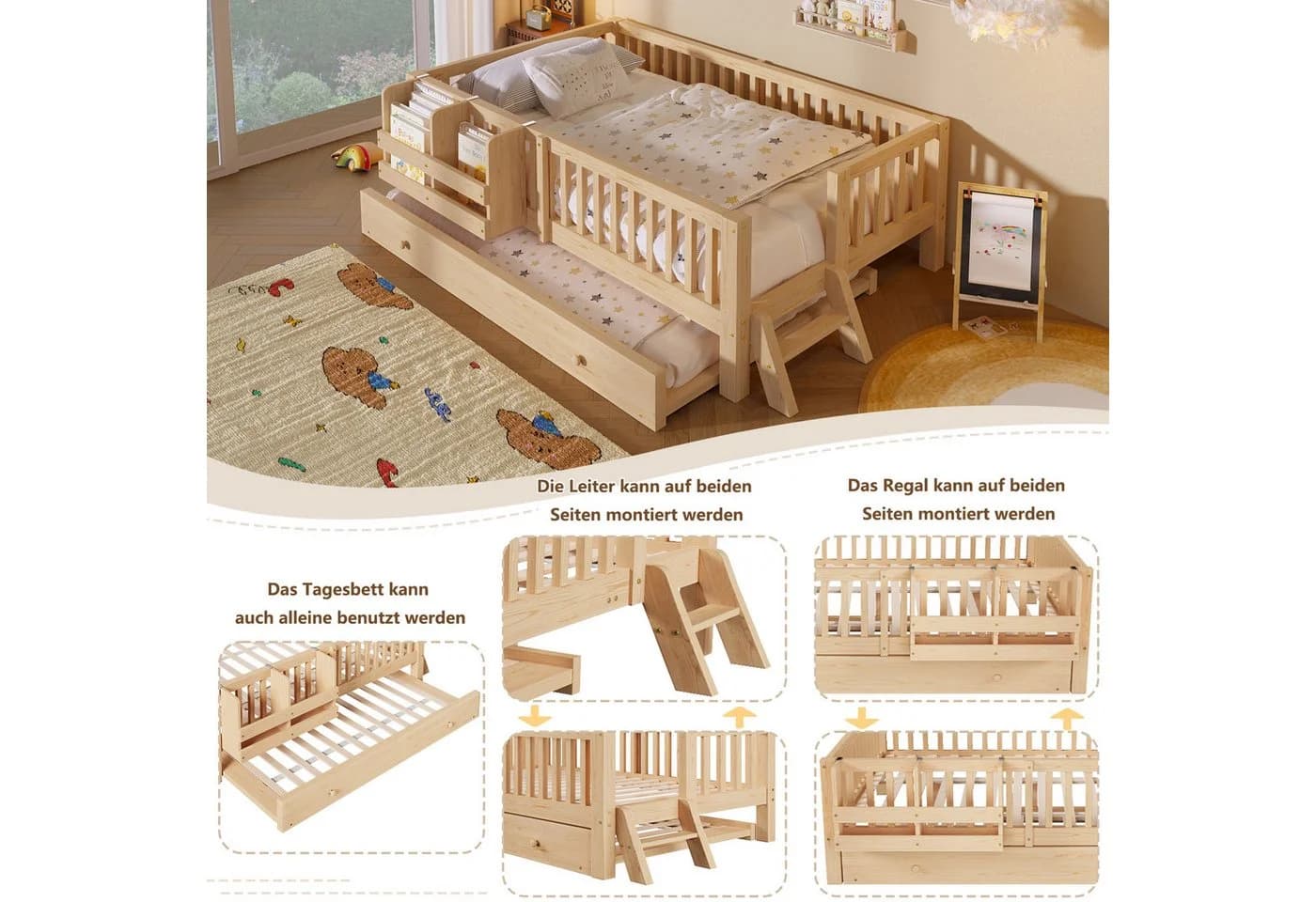 Flieks Kinderbett 90x200 mit Ausziehbett & Stauraum - Bild 4