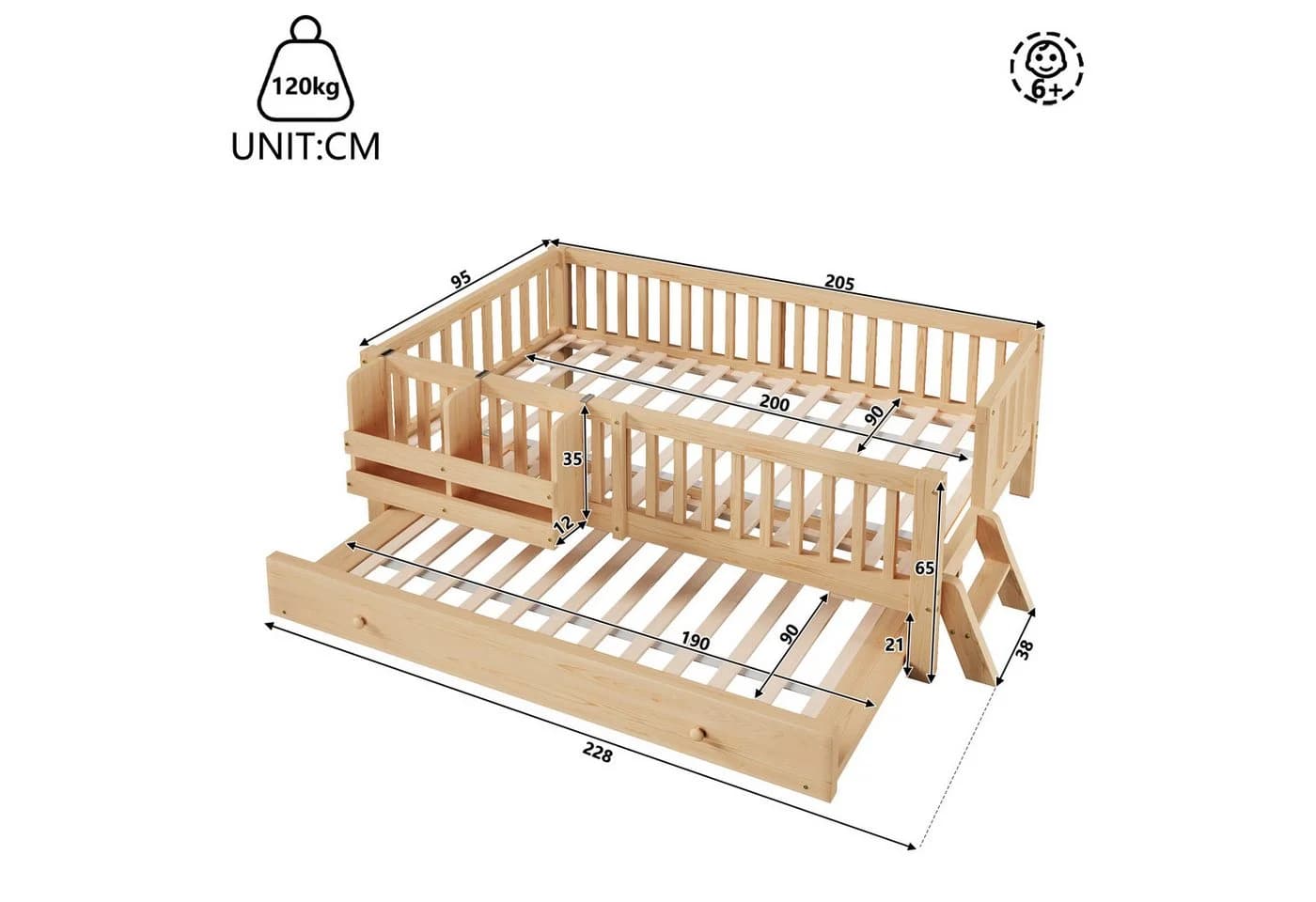 Flieks Kinderbett 90x200 mit Ausziehbett & Stauraum - Bild 5