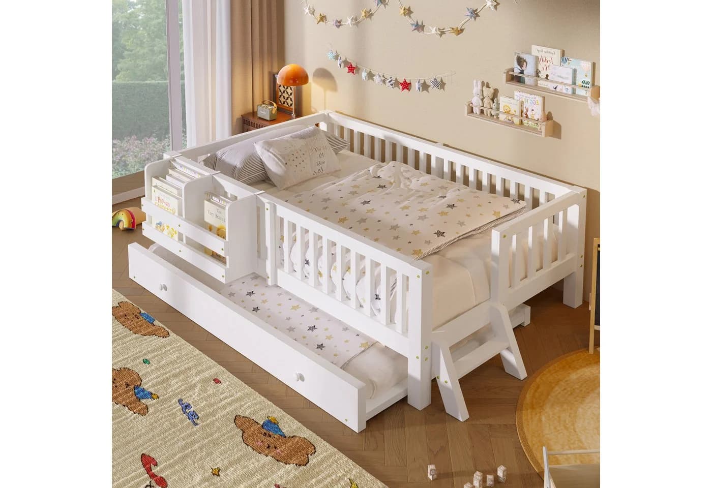 Flieks Massivholzbett Kinderbett 90x200cm mit Ausziehbett und Geländer Weiß - Bild 1