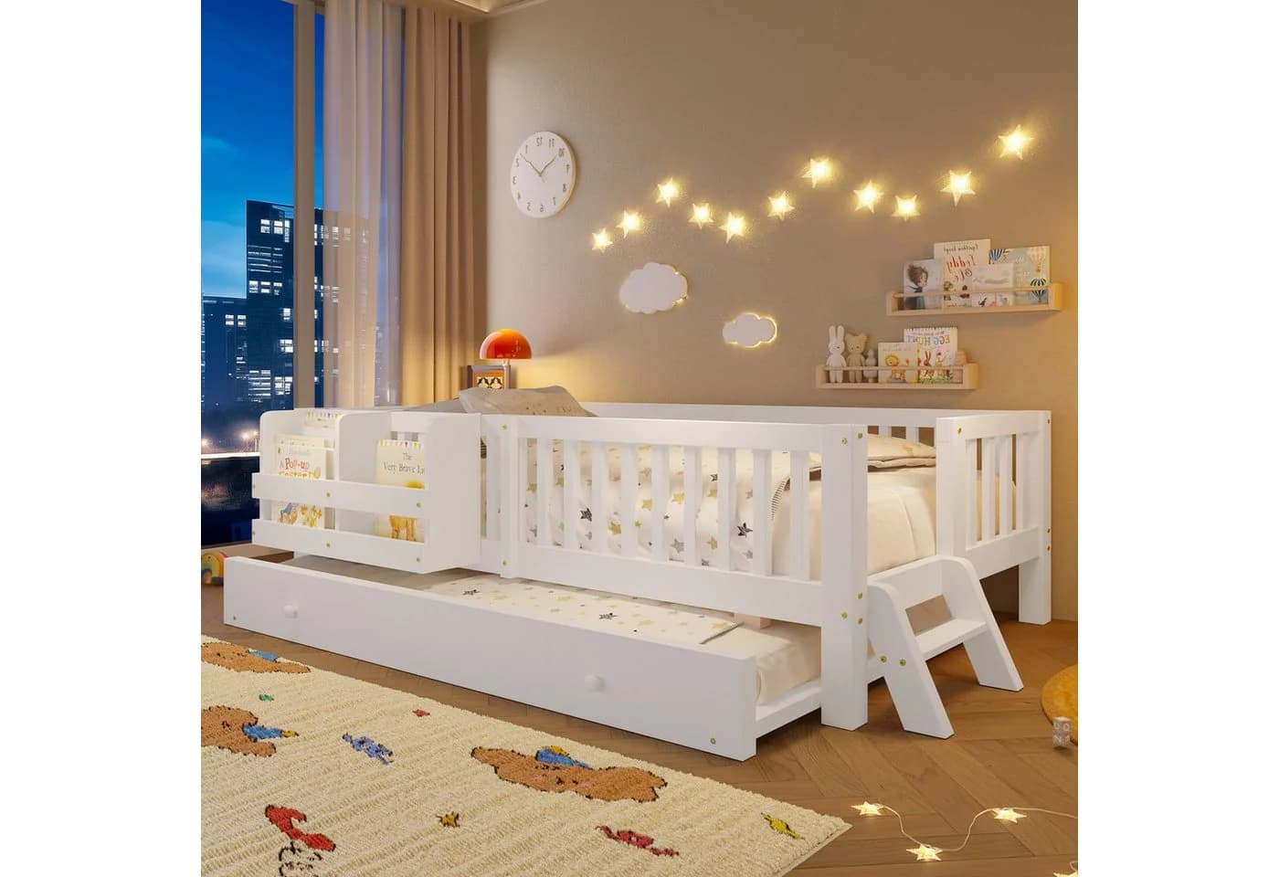Flieks Massivholzbett Kinderbett 90x200cm mit Ausziehbett und Geländer Weiß - Bild 2