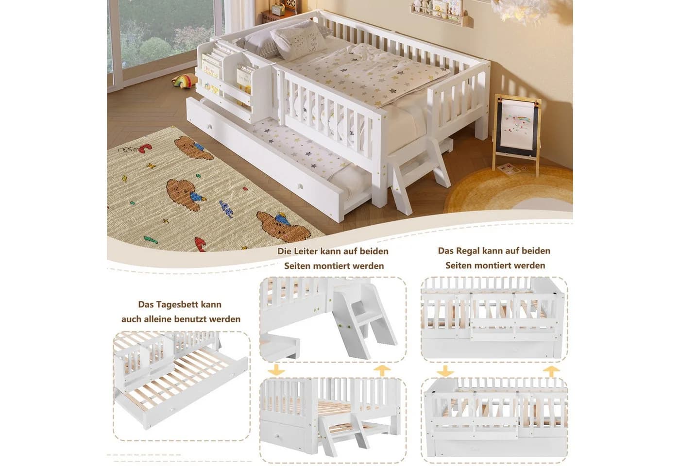 Flieks Massivholzbett Kinderbett 90x200cm mit Ausziehbett und Geländer Weiß - Bild 4