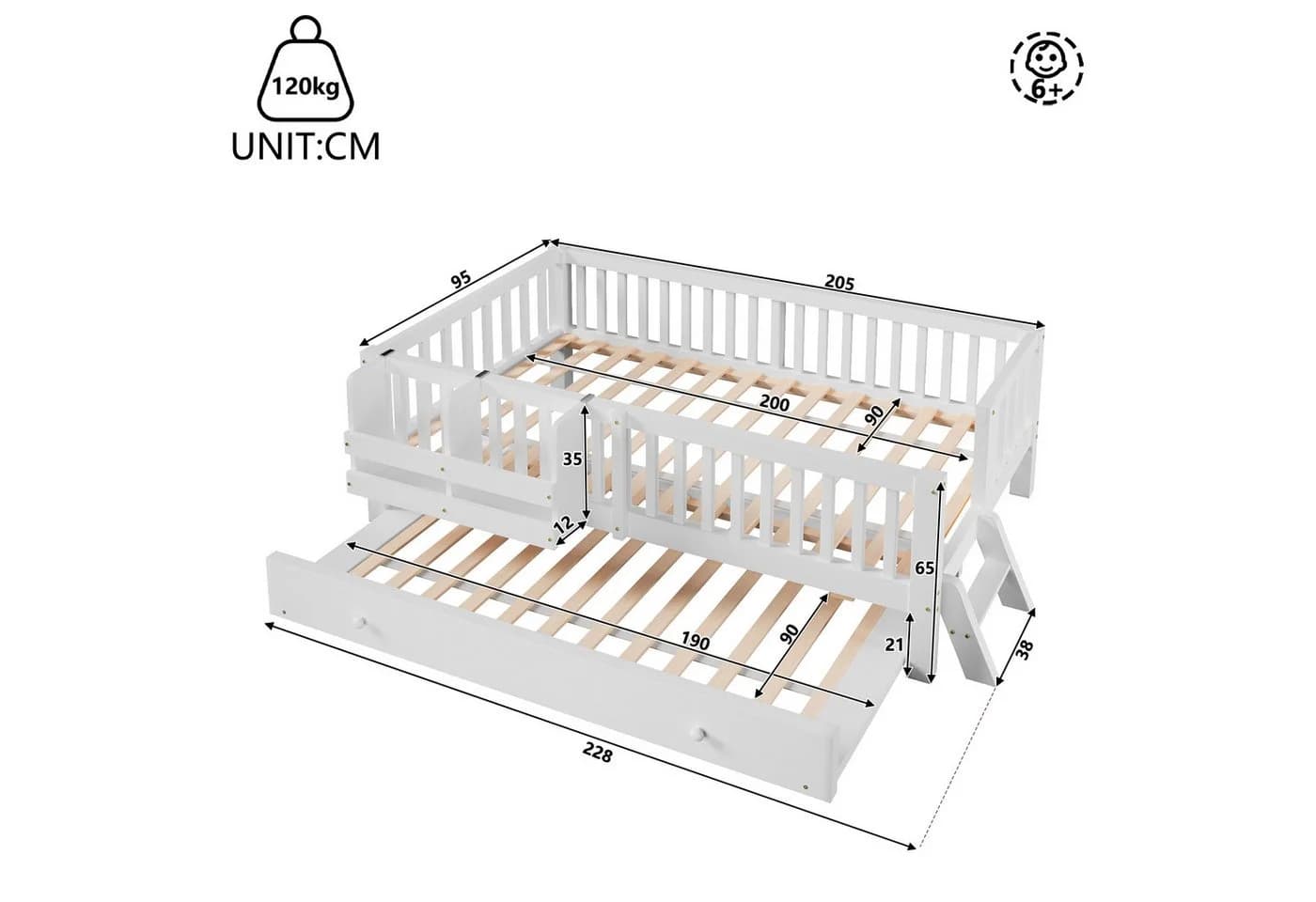 Flieks Massivholzbett Kinderbett 90x200cm mit Ausziehbett und Geländer Weiß - Bild 5