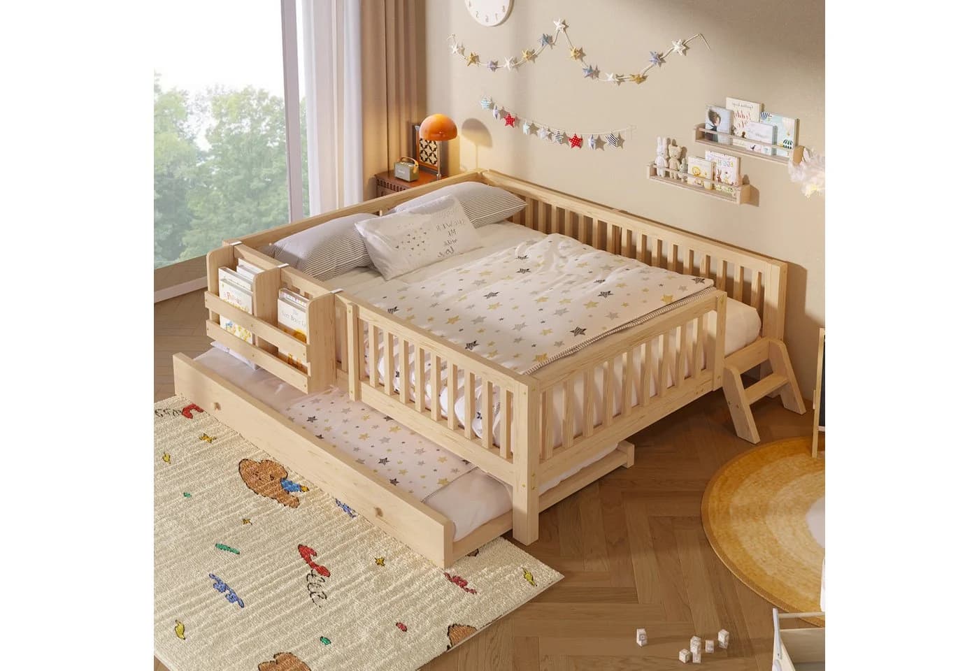 Flieks Massivholzbett mit Ausziehbett und Stauraum