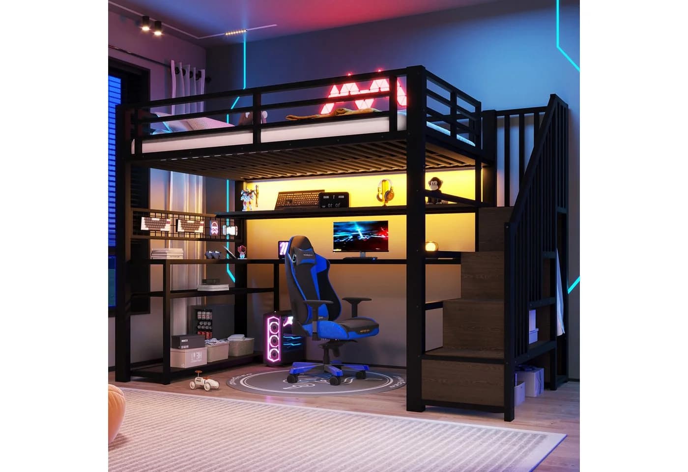 Flieks Hochbett Metall 90x200 mit LED Schreibtisch Stauraumtreppe - Bild 2