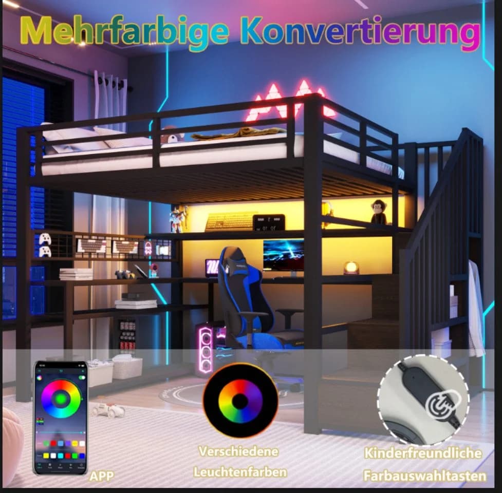 Flieks Hochbett Metall 90x200 mit LED Schreibtisch Stauraumtreppe - Bild 4