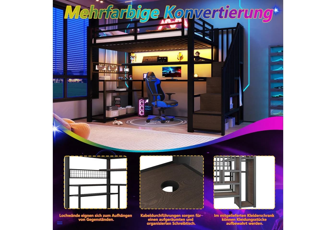 Flieks Hochbett Metall 90x200 mit LED Schreibtisch Stauraumtreppe - Bild 5
