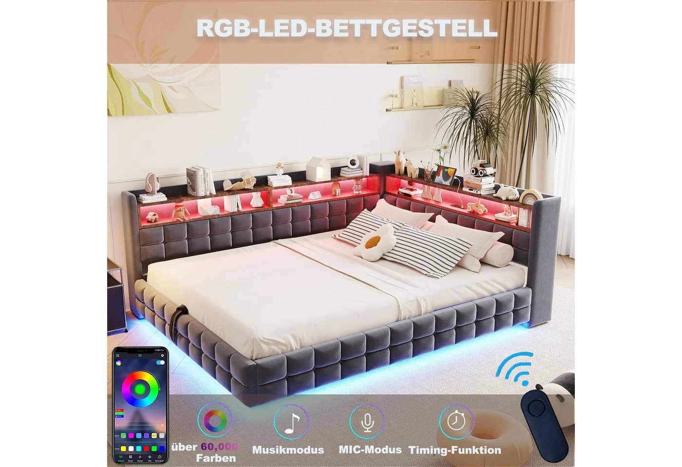 Flieks Daybett Polsterbett 140x200 Samt Grau LED USB - Bild 5
