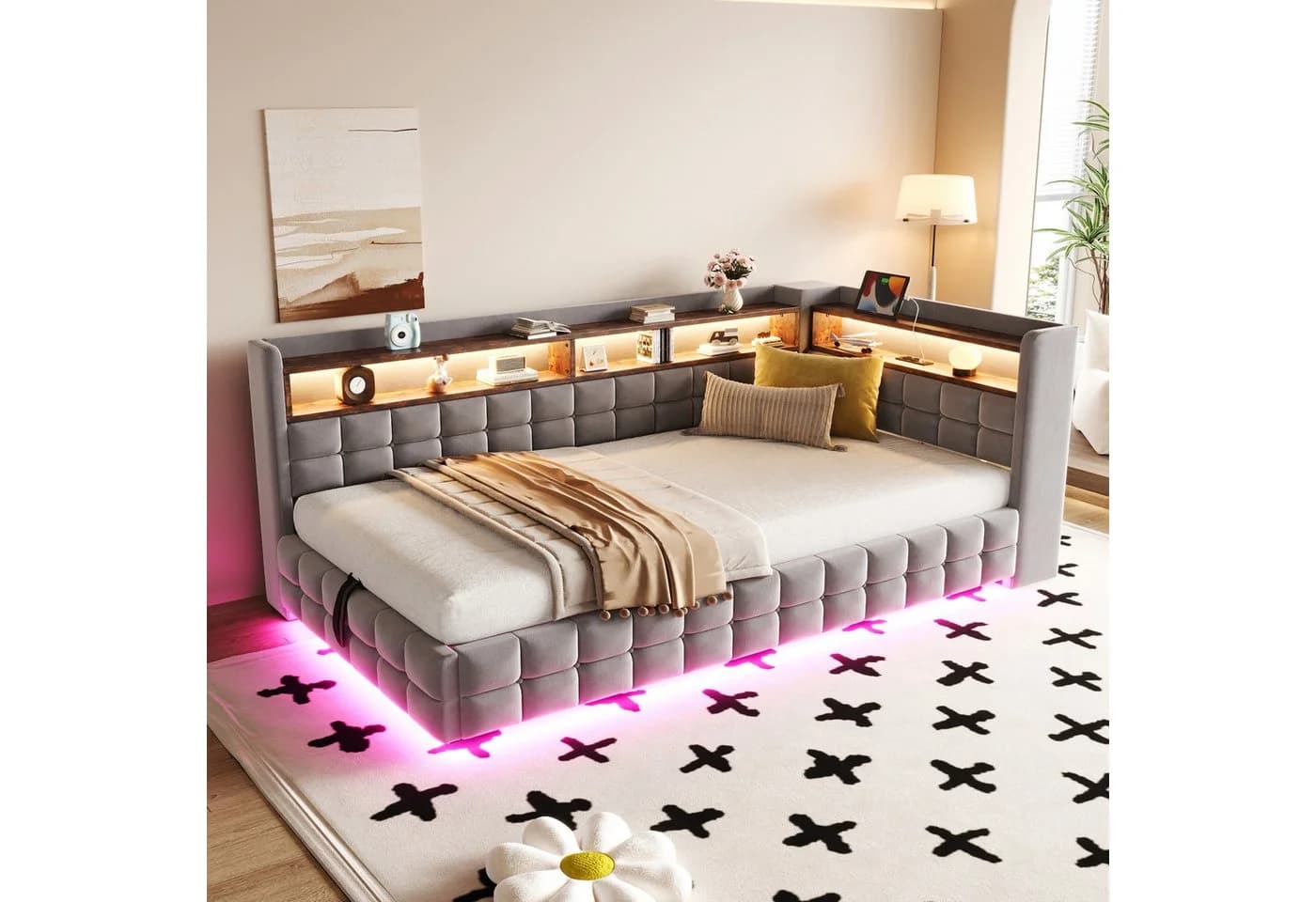 Flieks Daybett Grau Samt mit Stauraum, LED & USB
