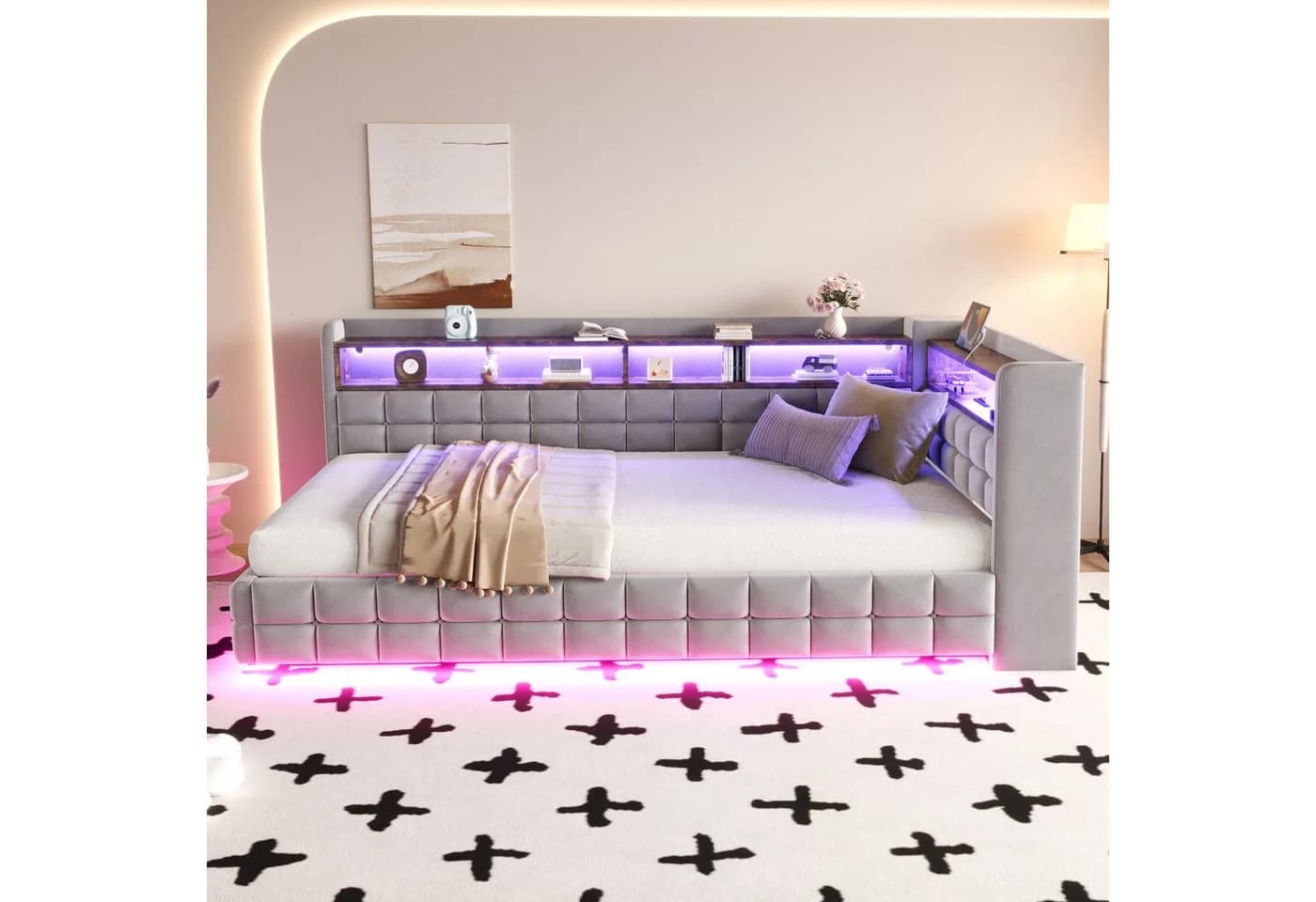 Flieks Daybett Grau Samt mit Stauraum, LED & USB - Bild 3