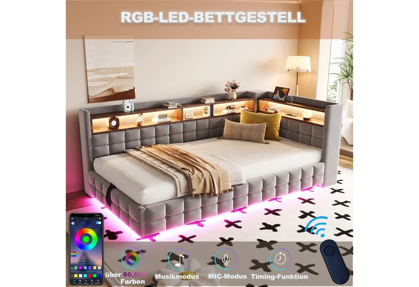 Flieks Daybett Grau Samt mit Stauraum, LED & USB - Bild 5