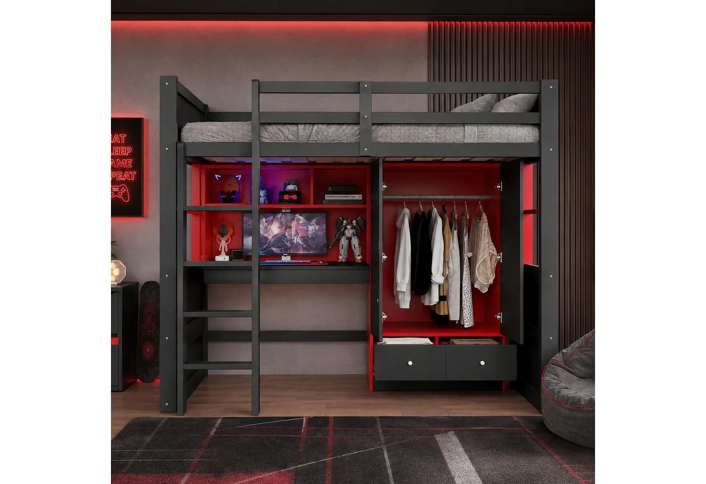 Flieks Hochbett mit LED, Schreibtisch & Kleiderschwarz