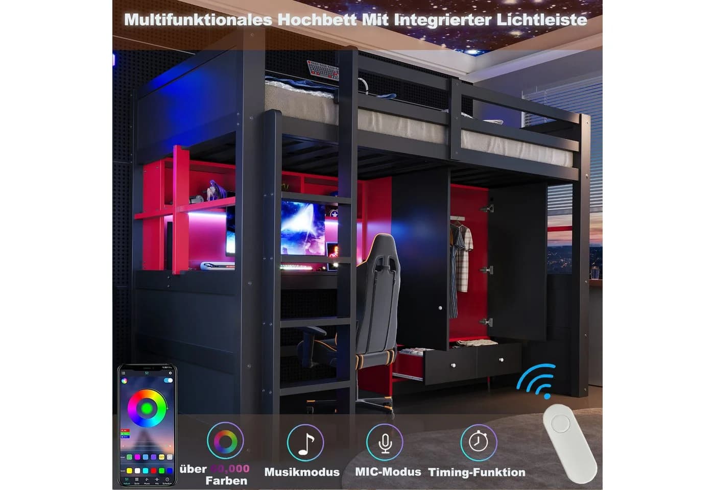 Flieks Hochbett mit LED, Schreibtisch & Kleiderschwarz - Bild 4