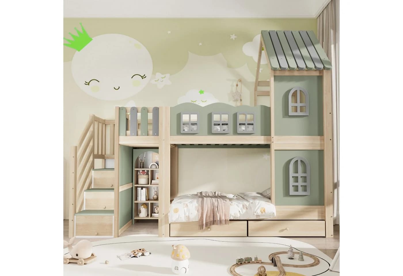 Flieks Etagenbett Kinderbett 90x200cm Hausform Grün mit Stauraumtreppe