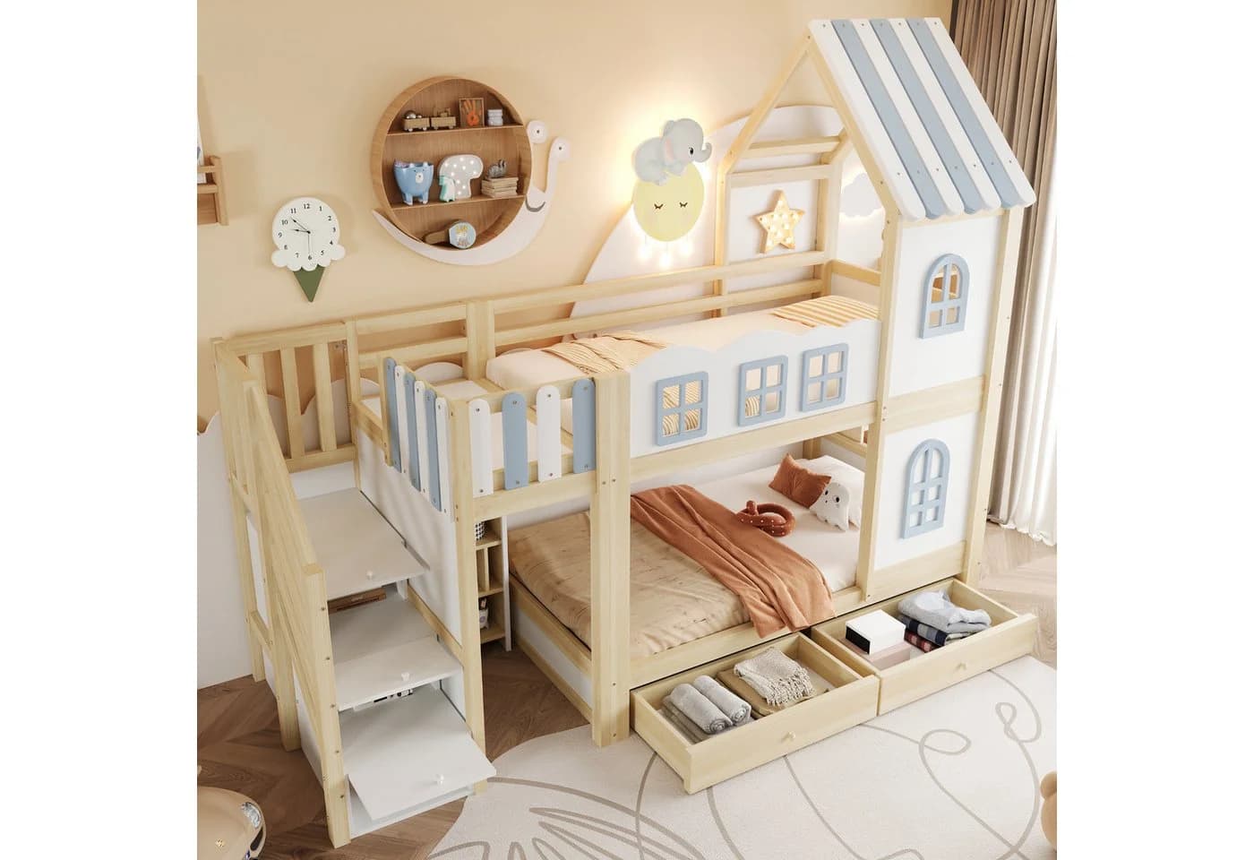 Flieks Etagenbett Kinderbett 90x200 Weiß Stauraumtreppe