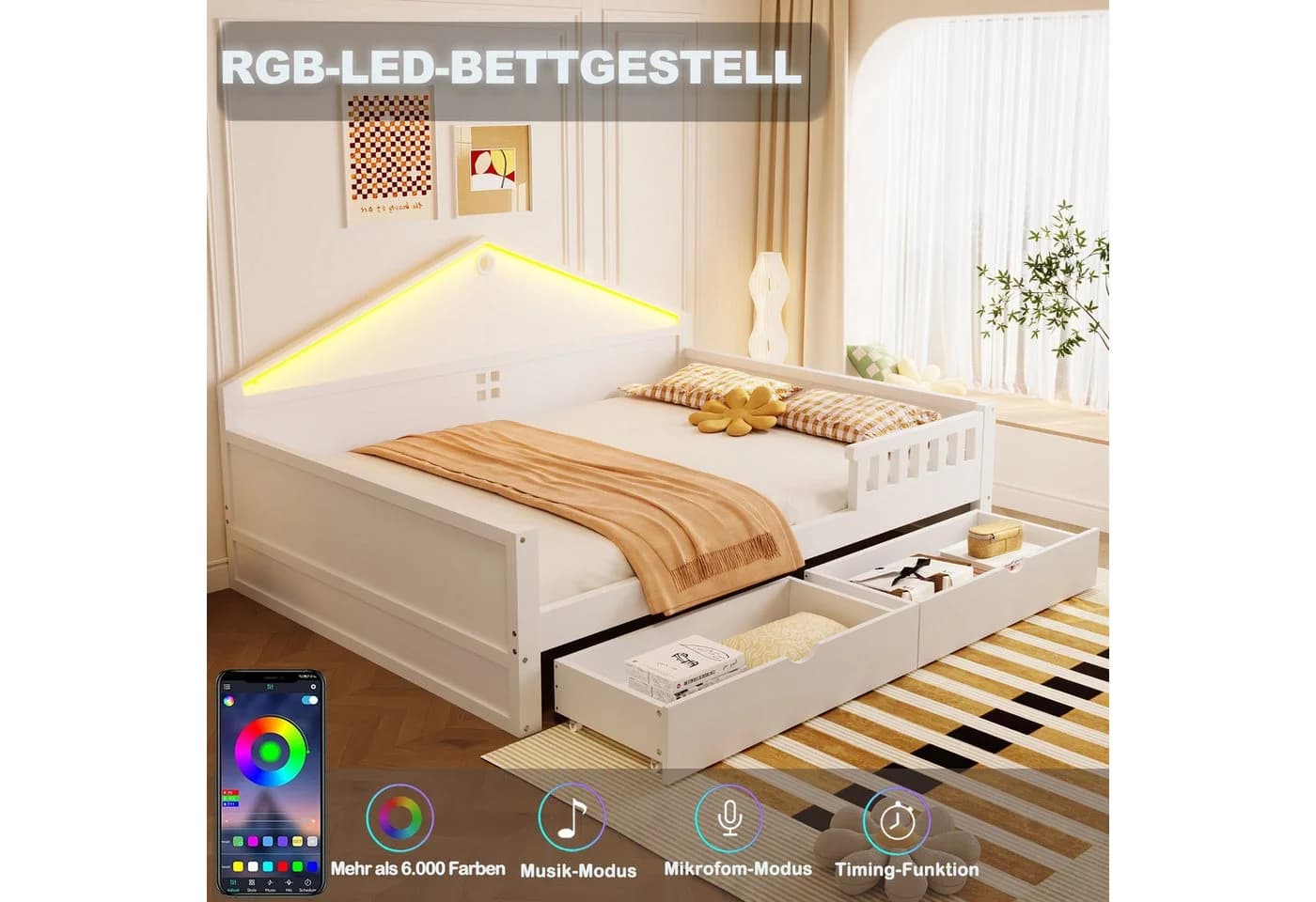 Flieks Daybett 140x200 Massivholz Kiefer mit Schubladen & Lichtleiste - Bild 4
