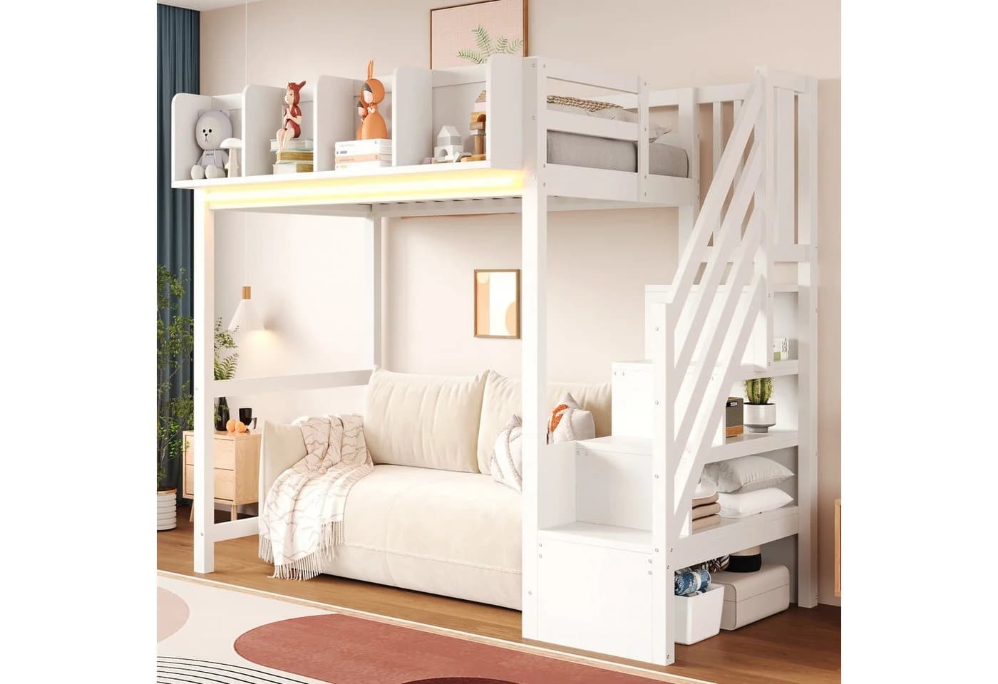 Flieks Hochbett Kinderbett 90x200cm mit LED-Leiste und Stauraumtreppe - Bild 2