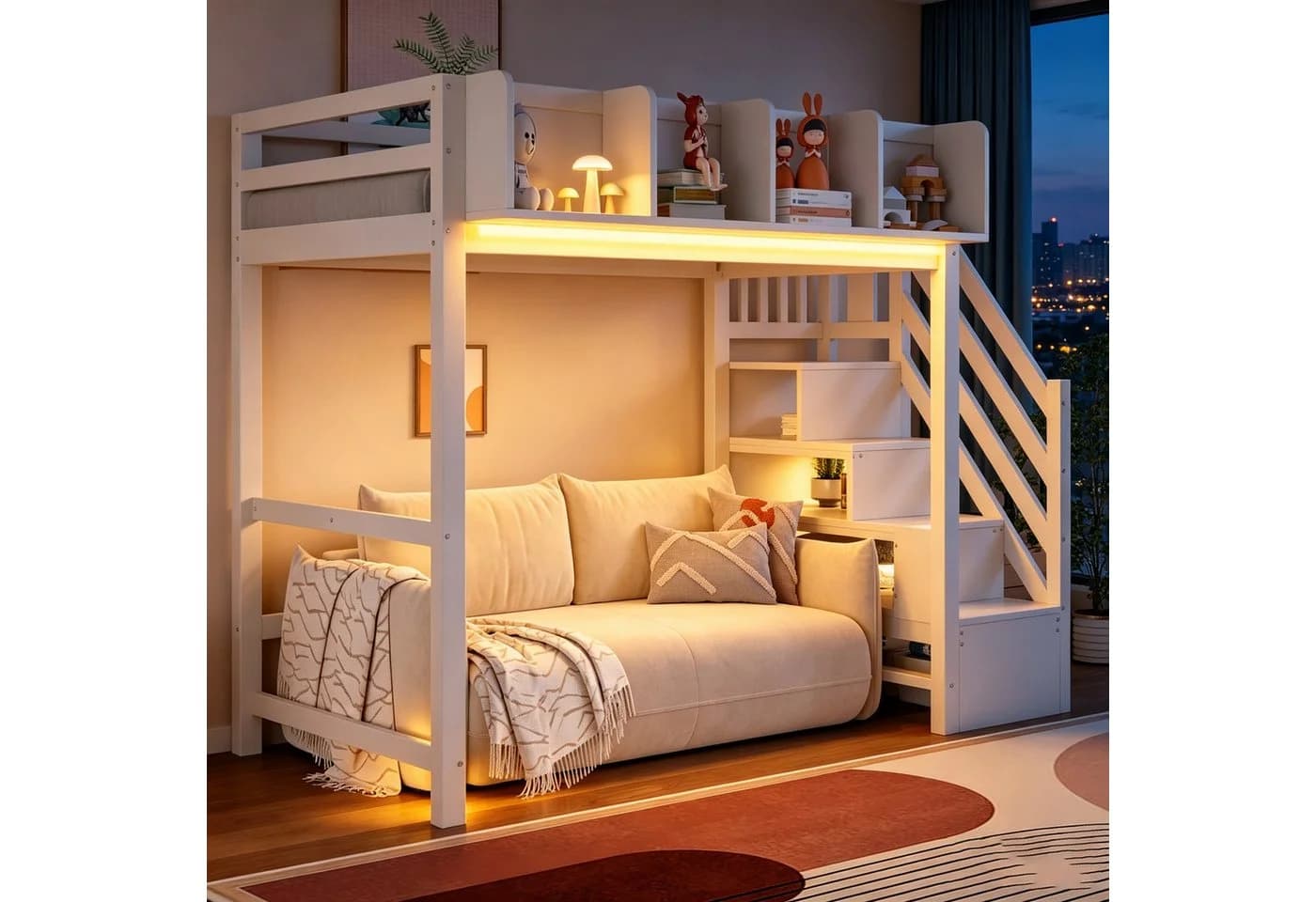 Flieks Hochbett Kinderbett 90x200cm mit LED-Leiste und Stauraumtreppe - Bild 3