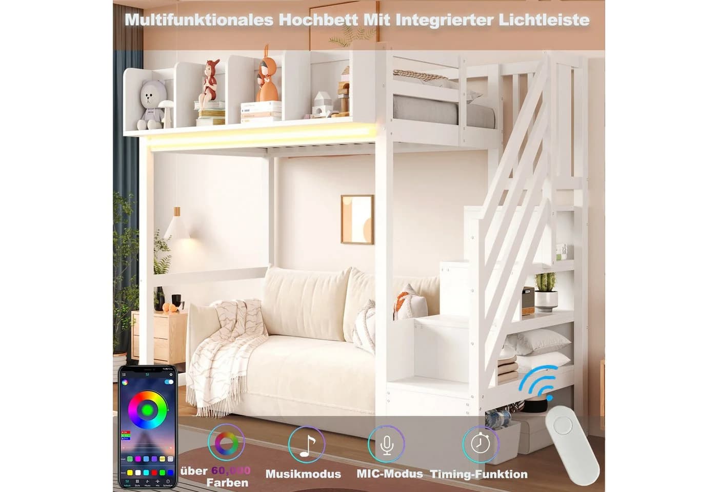 Flieks Hochbett Kinderbett 90x200cm mit LED-Leiste und Stauraumtreppe - Bild 4